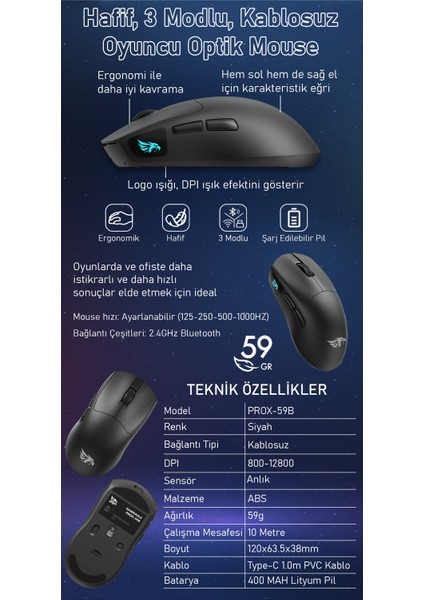 Prox Bluetooth Mouse-Kablosuz Mouse-Kablolu Şarjlı 12800 Dpı Hafif 59GR Gaming Mouse Oyuncu Mouse