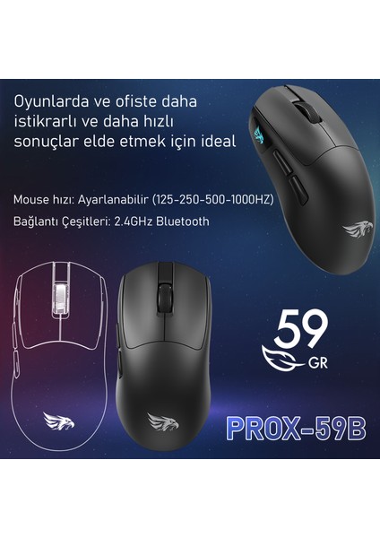 Prox Bluetooth Mouse-Kablosuz Mouse-Kablolu Şarjlı 12800 Dpı Hafif 59GR Gaming Mouse Oyuncu Mouse
