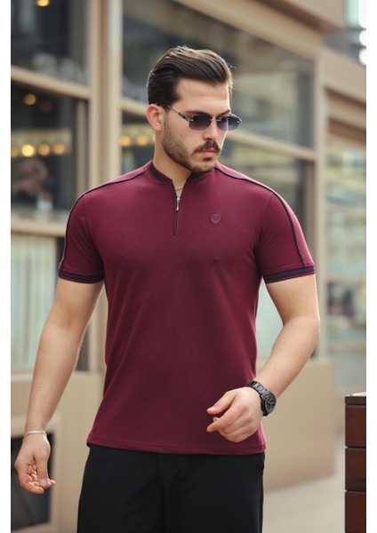 Bordo Kolej Yaka Yarım Fermuarlı Kısa Kollu Tişört- 2408