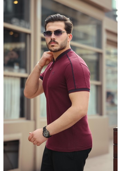 Bordo Kolej Yaka Yarım Fermuarlı Kısa Kollu Tişört- 2408 fiyatları