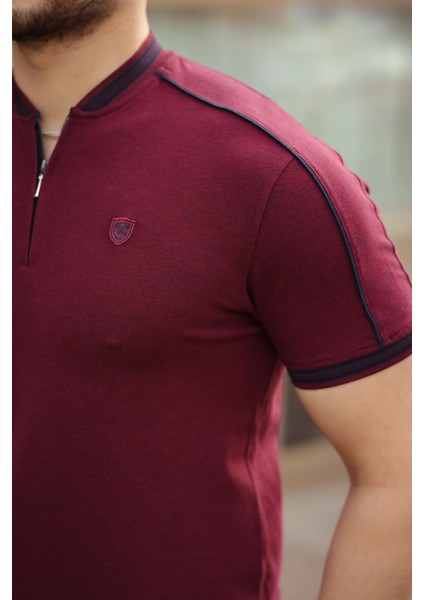 Bordo Kolej Yaka Yarım Fermuarlı Kısa Kollu Tişört- 2408 modelleri
