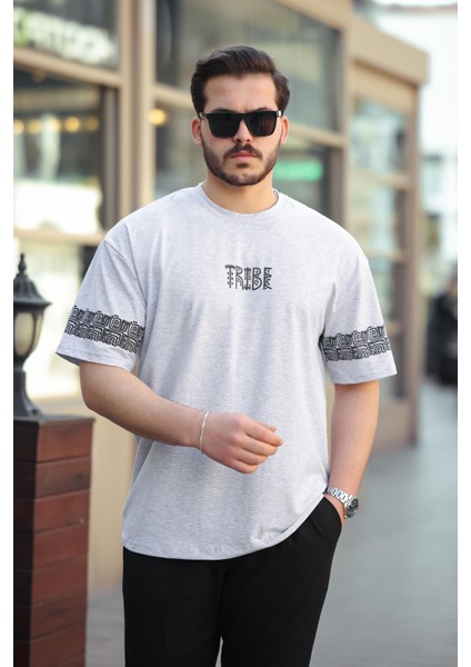 Gri Tribe Baskı Detaylı Sıfır Yaka Kısa Kollu Oversize Tişört- 2503
