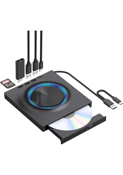 Harici Dvd-Rw Cd/dvd Sürücü – Usb-C/3.0, USB Hub ve Sd Kart Girişli, Slim Taşınabilir Optik Sürücü