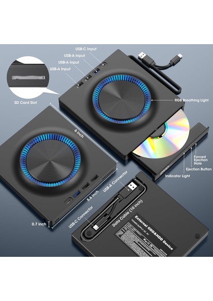 Harici Dvd-Rw Cd/dvd Sürücü – Usb-C/3.0, USB Hub ve Sd Kart Girişli, Slim Taşınabilir Optik Sürücü