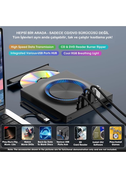 Harici Dvd-Rw Cd/dvd Sürücü – Usb-C/3.0, USB Hub ve Sd Kart Girişli, Slim Taşınabilir Optik Sürücü