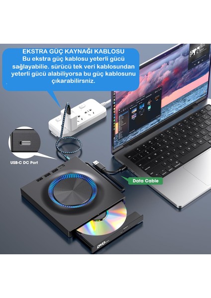 Harici Dvd-Rw Cd/dvd Sürücü – Usb-C/3.0, USB Hub ve Sd Kart Girişli, Slim Taşınabilir Optik Sürücü