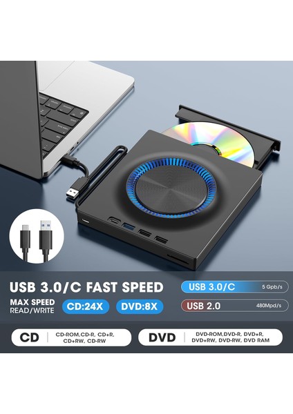 Harici Dvd-Rw Cd/dvd Sürücü – Usb-C/3.0, USB Hub ve Sd Kart Girişli, Slim Taşınabilir Optik Sürücü