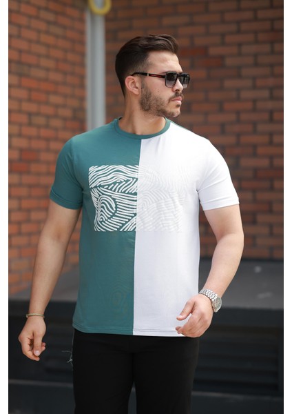 Yeşil Beyaz Çizgi Baskılı Regular Fit Sıfır Yaka Kısa Kollu TIŞÖRT-2522