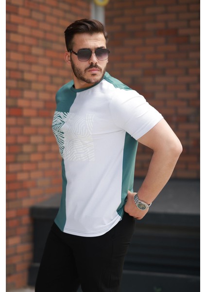 Yeşil Beyaz Çizgi Baskılı Regular Fit Sıfır Yaka Kısa Kollu TIŞÖRT-2522 fiyatları