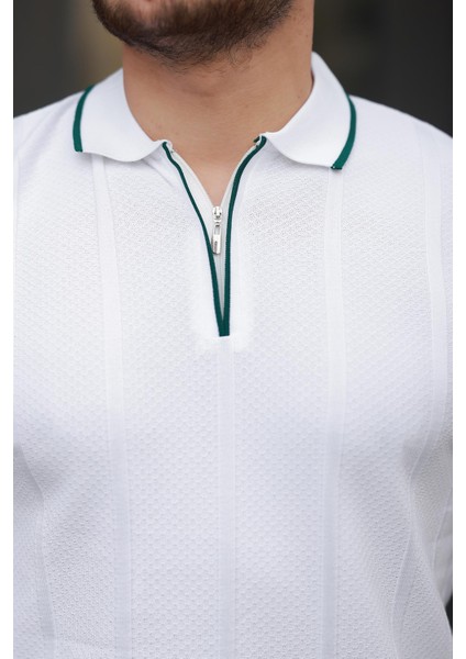 Beyaz Petek Dokulu Fermuarlı Polo Yaka Triko Kısa Kollu Tişört 2511 fiyatları