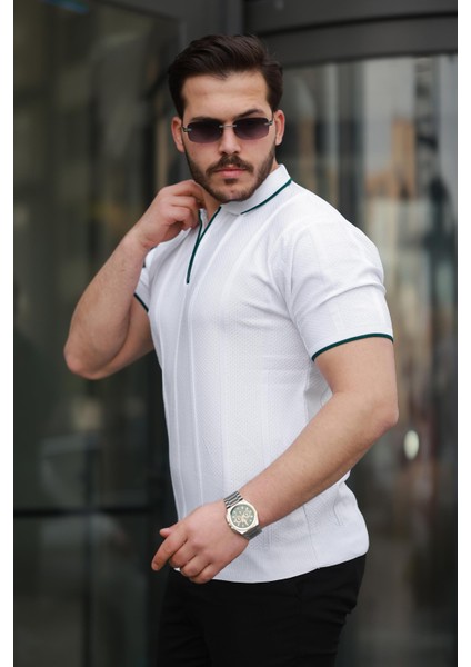 Beyaz Petek Dokulu Fermuarlı Polo Yaka Triko Kısa Kollu Tişört 2511 modelleri