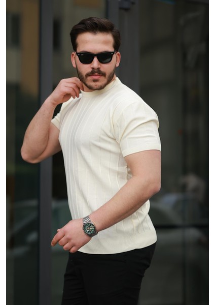 Ekru Sıfır Yaka Kabartma Triko Kısa Kollu Tişört- 2430 fiyatları