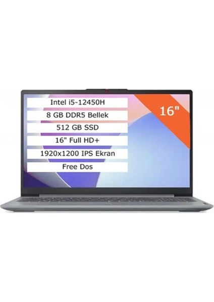 Ideapad Slim 3 I5-12450H 8g 512G SSD 16 Fhd+ 1920X1200 IPS Panel Freedos Arctic Grey 83ES0033TR