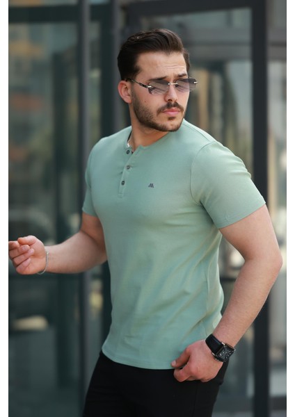 Su Yeşili Önü Düğmeli Sıfır Yaka Kısa Kollu Regular Fit Tişört- 2510