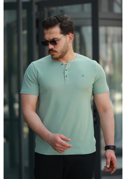 Su Yeşili Önü Düğmeli Sıfır Yaka Kısa Kollu Regular Fit Tişört- 2510 fiyatları