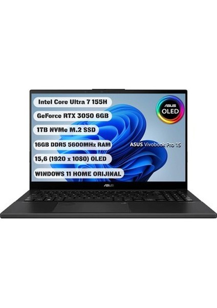Vivobook Pro 15 OLED - Intel Ultra 7-155H - 15.6’’ - 16GB - 1tb - Rtx 3050 - Q Ingilizce Klavye – 1 Yıl Garanti - Q533MJ-U73050