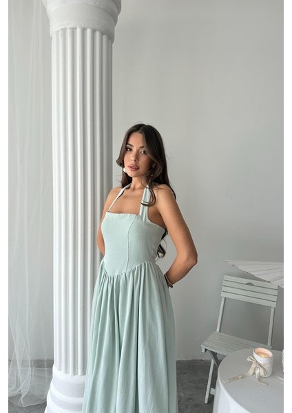 Mint Boyundan Bağlamalı Keten Elbise