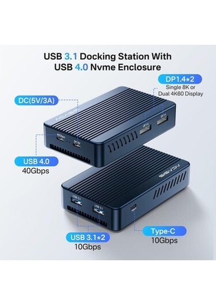 TBU405 Plus 6 In 1 Thunderbolt Usb-C Dock + SSD Disk Kutusu, Intel JHL7440 Chipset, 2x 8K60Hz Displayport, 2x Usb-A 3.1, 1x Type-C 3.2, Usb4, Alüminyum, Windows/mac Os Uyumlu