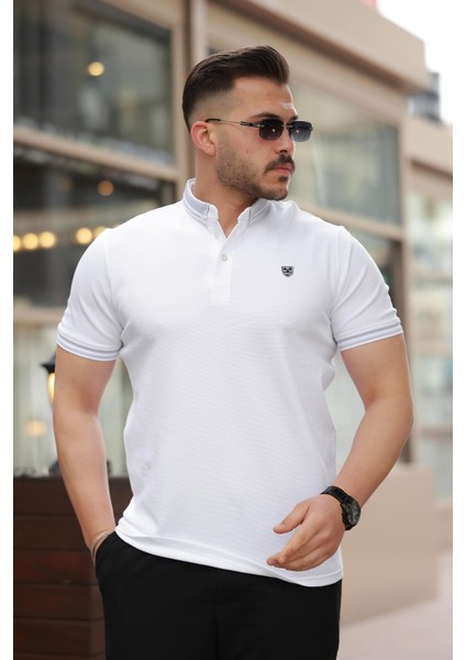 Beyaz Logo Nakışlı Polo Yaka Kısa Kollu Tişört -2518