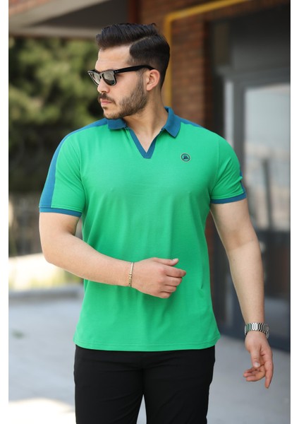 Yeşil Nakışlı V Polo Yaka Kısa Kollu TIŞÖRT-2524