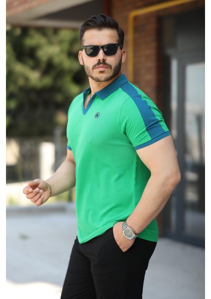Yeşil Nakışlı V Polo Yaka Kısa Kollu TIŞÖRT-2524 fiyatları