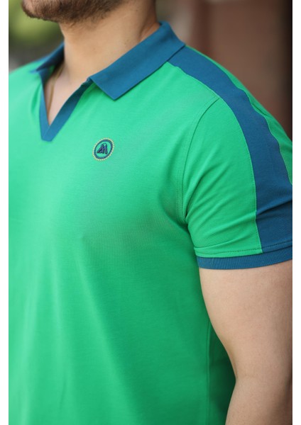 Yeşil Nakışlı V Polo Yaka Kısa Kollu TIŞÖRT-2524 modelleri