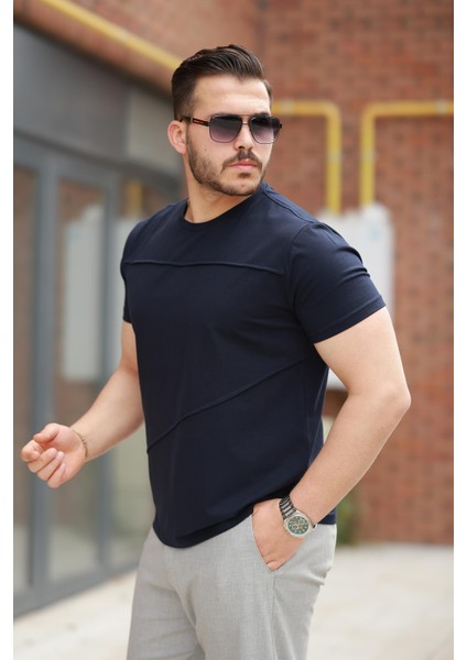 Lacivert Parçalı Dikiş Detaylı Regular Fit Kısa Kollu Tişört -2523