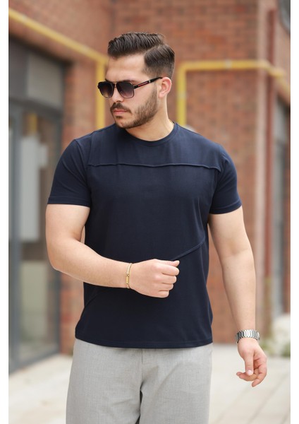 Lacivert Parçalı Dikiş Detaylı Regular Fit Kısa Kollu Tişört -2523 fiyatları