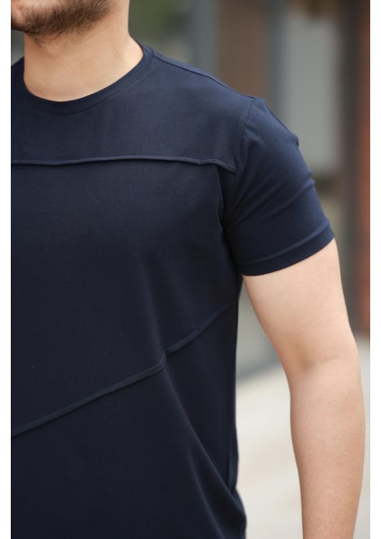 Lacivert Parçalı Dikiş Detaylı Regular Fit Kısa Kollu Tişört -2523 modelleri