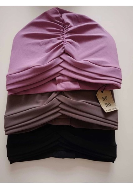 Üçbantlı Bone Hijab Tesettür Yarım Bone Şık Hazır Çapraz Türban Dış Bone Leylak Sandy Kumaş