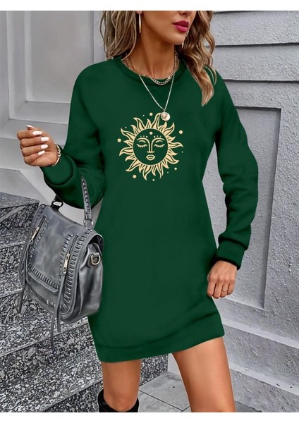 Kadın Uzun Kollu Bisiklet Yaka Güneş Desenli Viskon Iki Iplik Elbise modelleri