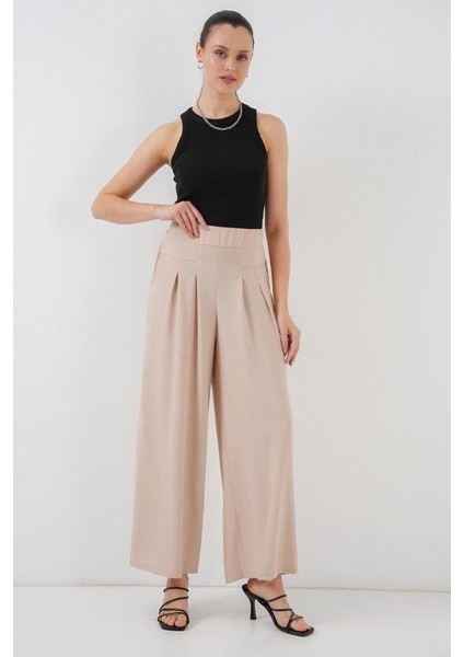 Geniş Paça Pileli Pantolon 6718 - Krem