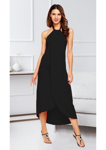 Kadın Omuzlardan Açık Boyundan Geçmeli Asimetrik Kesim Detaylı Viskon Elbise modelleri