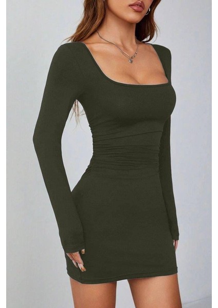 Kadın Uzun Kollu Kare Yaka Iç Göstermeyen Mini Elbise fiyatları