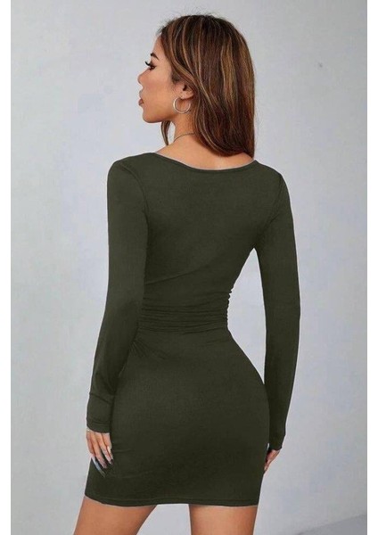 Kadın Uzun Kollu Kare Yaka Iç Göstermeyen Mini Elbise modelleri