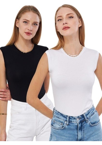 Kadın Siyah Beyaz 2 Li Kolsuz Body Bisiklet Yaka 2109
