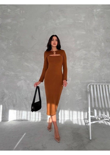 Kadın Uzun Kollu Halka ve Pencere Dekolte Detay Fırsat Ürün Midi Boy Elbise fiyatları
