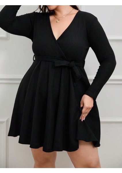 Kadın Uzun Kollu Kruvaze Yaka Kuşak Detay Salaş Şardonlu Kaşkorse Mini Elbise fiyatları