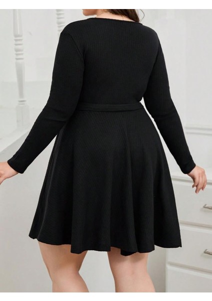 Kadın Uzun Kollu Kruvaze Yaka Kuşak Detay Salaş Şardonlu Kaşkorse Mini Elbise indirimleri