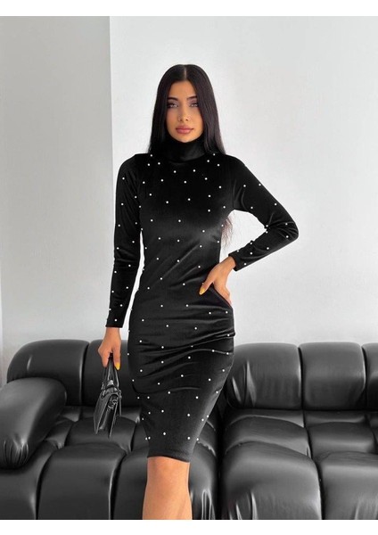 Kadın Balıkçı Yaka Inci Detay Fırsat Ürün Kadife Kumaş Mini Elbise