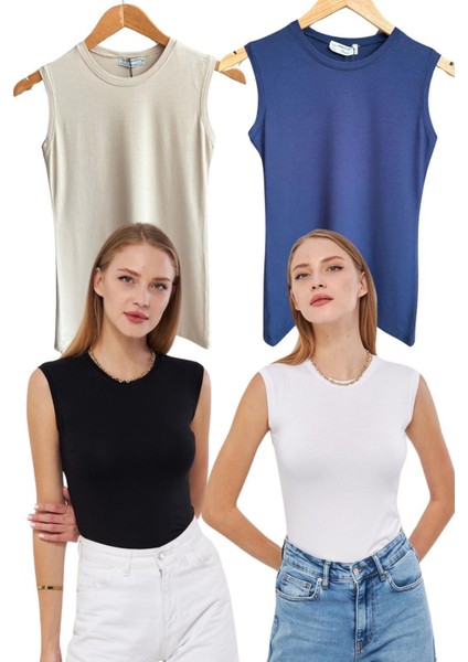 Kadın Siyah Beyaz Lacivert Bej 4'lü Kolsuz Body