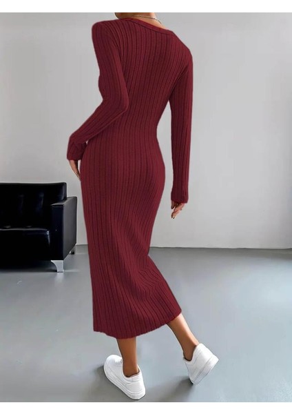 Kadın Uzun Kollu V Yakalı Önden Düğmeli Şardonlu Kaşkorse Elbise modelleri