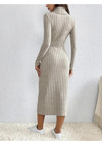 Kadın Uzun Kollu Balıkçı Yaka Yırtmaçlı Düğmeli Şardonlu Kaşkorse Elbise(Kemersiz) modelleri