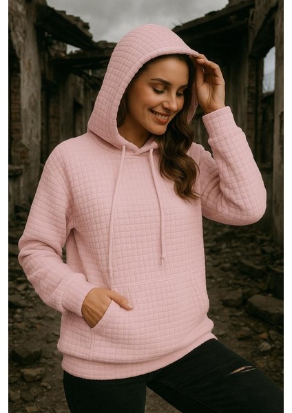 Kadın Uzun Kollu Kapşonlu Bağcıklı Cepli Capitone Sweatshirt