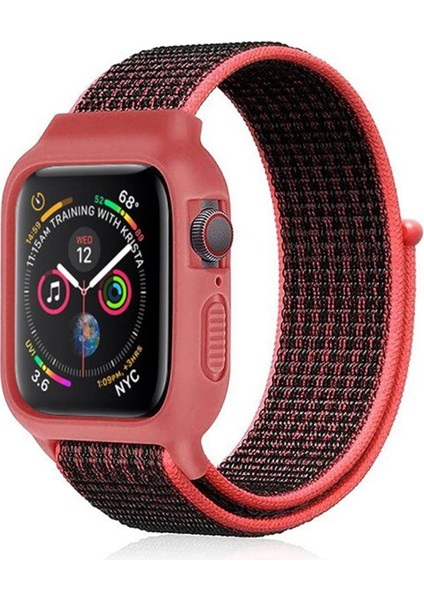 Apple Watch 42MM Hasırlı Cırtcırtlı Kasalı Kordon - Siyah-Pembe Svlrs