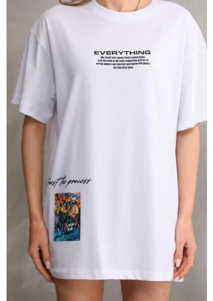 Unisex Bisiklet Yaka Baskılı Oversize T-Shirt - Beyaz fırsatları