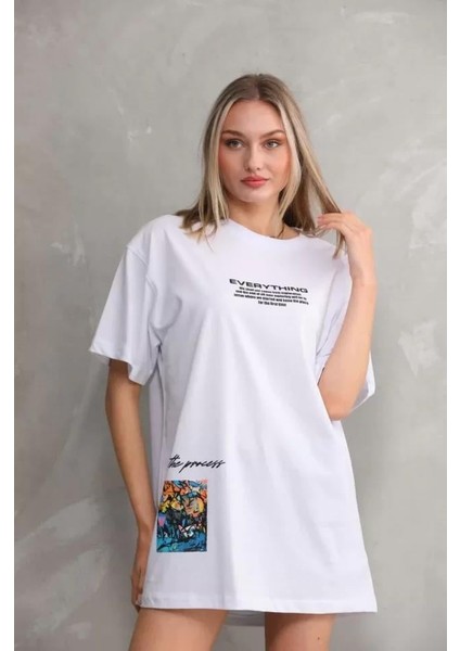 Unisex Bisiklet Yaka Baskılı Oversize T-Shirt - Beyaz indirimleri