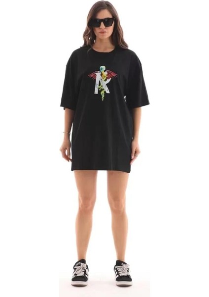 Unisex Bisiklet Yaka Baskılı Oversize T-Shirt - Siyah