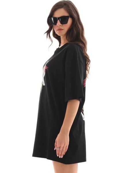 Unisex Bisiklet Yaka Baskılı Oversize T-Shirt - Siyah
