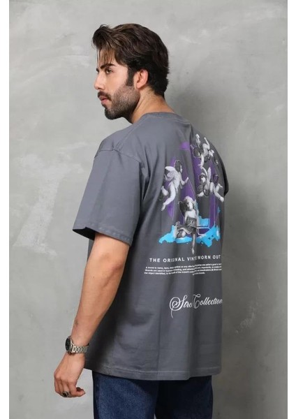 Unisex Bisiklet Yaka Baskılı Oversize T-Shirt - Siyah